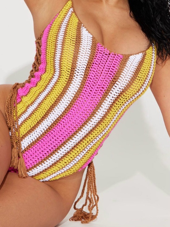 Love Sense Other - Crochet Striped One-Piece Bikini in Pink, Yellow & Brown